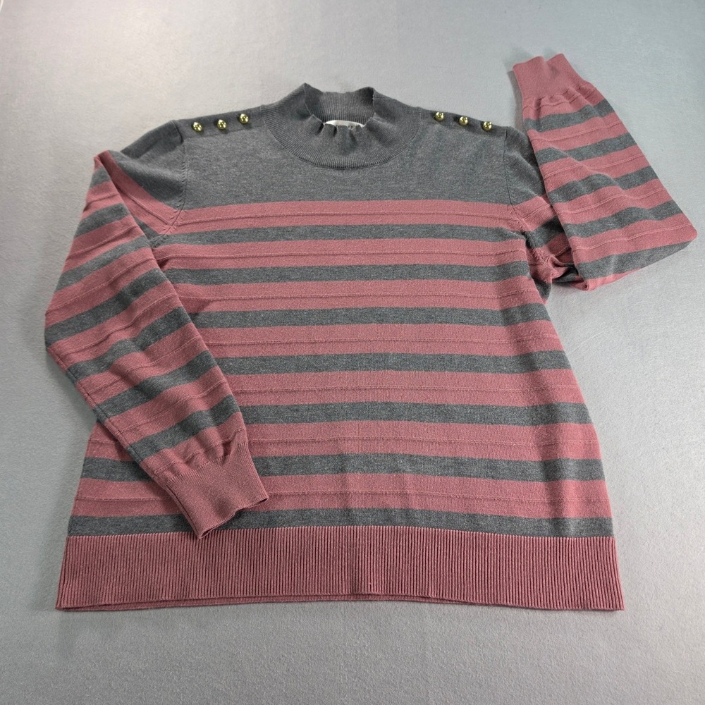 Retrology Women's Large Gray Pink Striped Mock Neck Sweater Gold Button Preppy